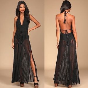 Lulus Destination Summer Crochet Halter Maxi Bodysuit Dress Black Medium
